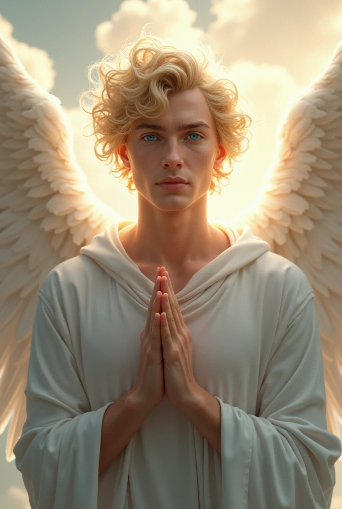 "Create the image of a very handsome male angel, with curly blonde hair and bright blue eyes. The angel must have a serene and angelic expression, with a soft and gentle countenance. The angel's wings must be large, white and ethereal, standing out majestically on the back. The angel must be positioned facing forward, from the bust up, with hands together in a prayer posture. The background can be a heavenly scene with soft clouds and divine lights, to complement the angelic appearance."