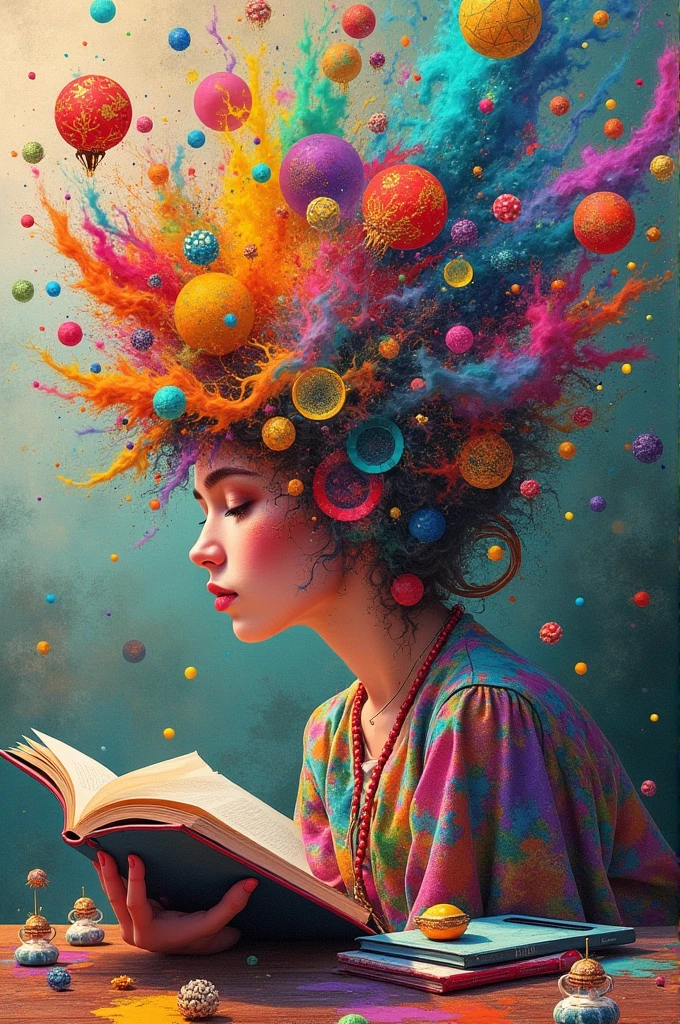 A dynamic and colorful digital collage representing a blend of art and literature. The collage includes abstract shapes, a palette of vibrant colors, and elements like books, digital devices, and artistic tools. In the background, there's a subtle, faded image of a classroom to signify an educational context.