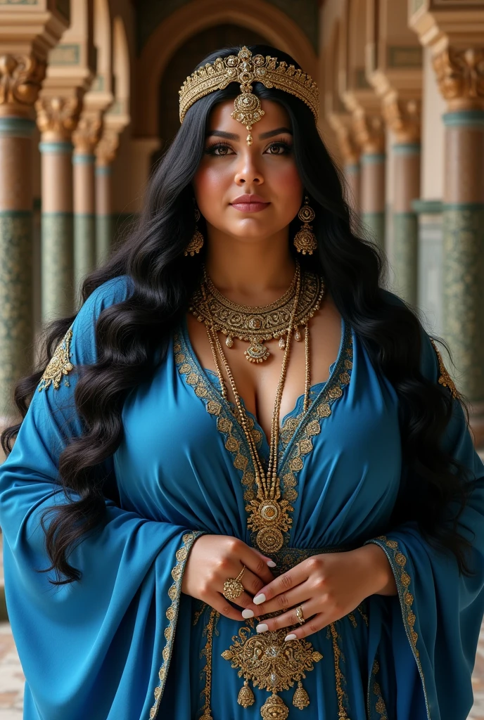 portrait of chubby woman inside Alhambra with very very Long hair black, crowned with arabic headress middle age, blue mayan kaftan, gold jewelry, Al andalus Era, ethereal Vibe.