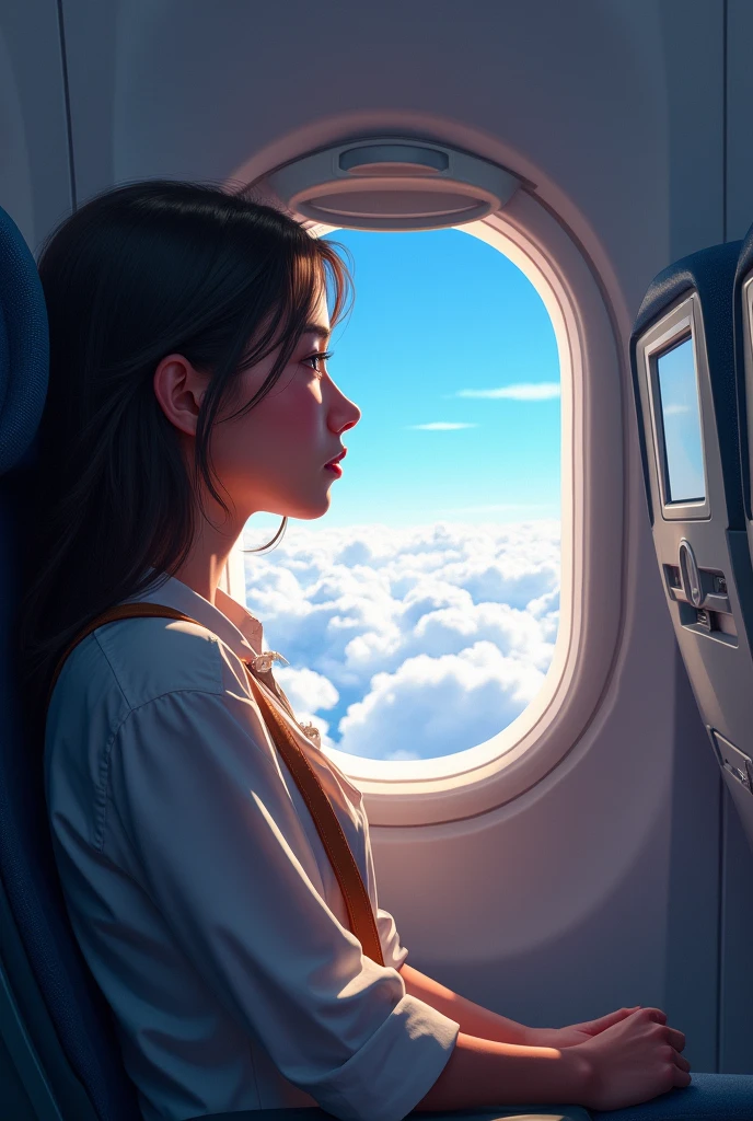Create the image of a woman traveling on a plane, looking out the window at the clouds in the plane