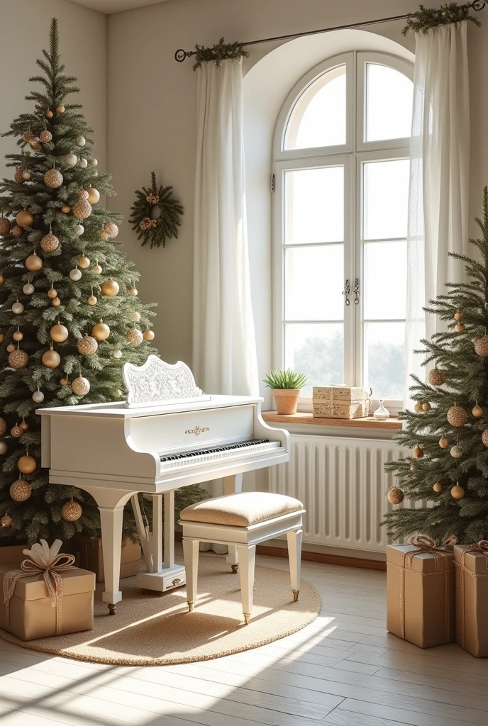 Provençal style Christmas scene with wall piano, tree, Luster, window, all white