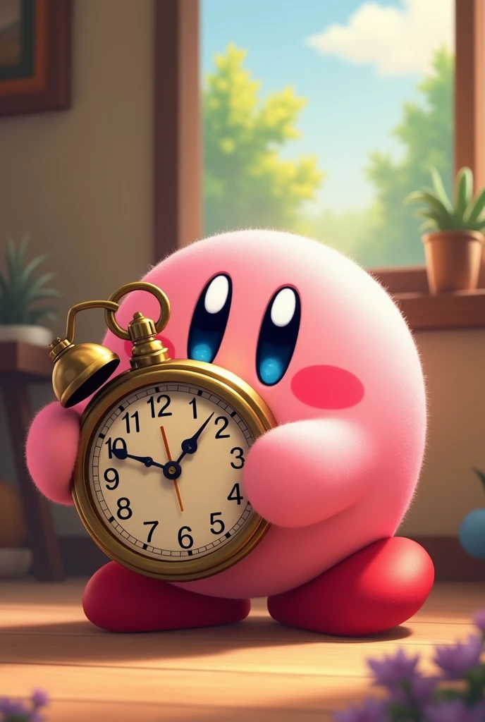 Kirby holding a clock