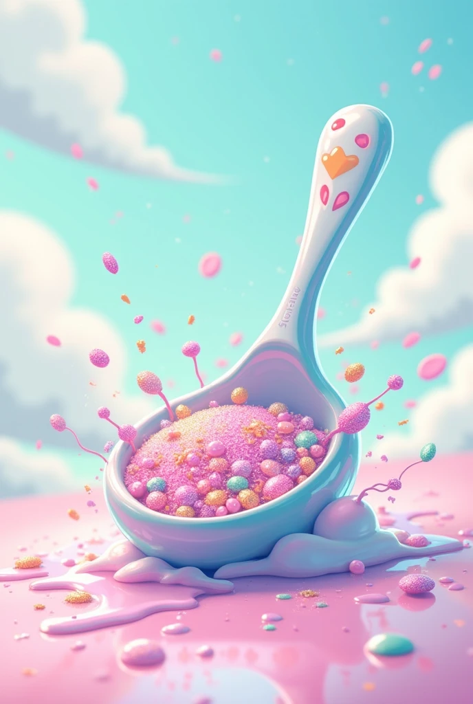 Make a small spoon with multicolor pastel glitter tiny pebbles inside with splash art style around 2d anime cute like in motion logo