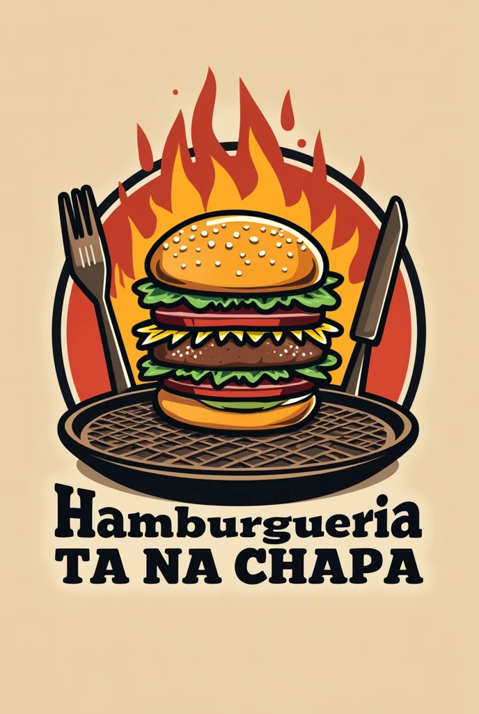 
"Create a logo for the burger joint &#39;HAMBURGUERIA TA NA CHAPA&#39;. The style should be [auslese: moderno, rustic, etc.] and the main colors should be [insert colors, like red and black, Yellow and brown, etc.]. Include burger-related elements, like an iron plate, FORK, knife ,grilled burgers or burger ingredients. The design should appeal to a young, family-oriented audience who enjoy casual, delicious food..