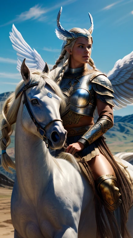 a young and beautiful nordic warrior, tall, with large blue eyes, long blonde braided hair, wearing a winged horned war helmet, riding a white winged horse, cinematic lighting, highly detailed, realistic, photorealistic, 8k, best quality