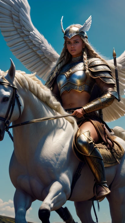 a young and beautiful nordic warrior, tall, with large blue eyes, long blonde braided hair, wearing a winged horned war helmet, riding a white winged horse, cinematic lighting, highly detailed, realistic, photorealistic, 8k, best quality