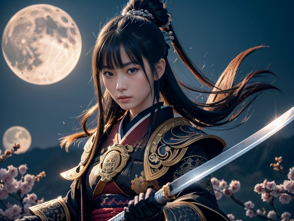 **Prompt:** Create an ultra-realistic 8K resolution image of Tsukuyomi, the Japanese moon god from Shinto mythology, reimagined as the ultimate samurai while retaining the deity's iconic features. Tsukuyomi is depicted with long, flowing silver hair tied back in a traditional topknot, with a few loose strands framing her serene, yet resolute face. Her eyes gleam with the calm determination of a warrior who has faced countless battles under the moon's light, reflecting both wisdom and an unwavering resolve.
She wears an intricately designed samurai armor, the plates polished to a dull silver that mirrors the moonlight. The armor is adorned with delicate engravings of crescent moons and celestial patterns, blending traditional samurai aesthetics with her divine origins. Over her armor, she dons a dark, flowing haori with silver embroidery that trails like shadows in the night.
In her hand, she wields a katana with a blade that gleams like the moon, its edge sharp and deadly. The hilt is wrapped in dark silk, and the tsuba (guard) is shaped like a crescent moon. Her stance is strong and poised, ready for battle, with the air around her crackling with the energy of a warrior deity.
The background is a moonlit battlefield, with cherry blossom trees shedding their petals in the wind. The full moon hangs high in the sky, casting a cold, ethereal glow over the scene. Tsukuyomi stands as the embodiment of the ultimate samurai, combining the grace and beauty of the moon with the fierce honor and strength of a legendary warrior.