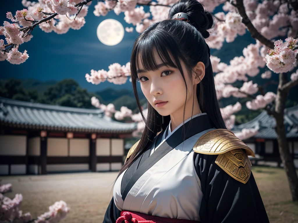 **Prompt:** Create an ultra-realistic 8K resolution image of Tsukuyomi, the Japanese moon god from Shinto mythology, reimagined as the ultimate samurai while retaining the deity's iconic features. Tsukuyomi is depicted with long, flowing silver hair tied back in a traditional topknot, with a few loose strands framing her serene, yet resolute face. Her eyes gleam with the calm determination of a warrior who has faced countless battles under the moon's light, reflecting both wisdom and an unwavering resolve.
She wears an intricately designed samurai armor, the plates polished to a dull silver that mirrors the moonlight. The armor is adorned with delicate engravings of crescent moons and celestial patterns, blending traditional samurai aesthetics with her divine origins. Over her armor, she dons a dark, flowing haori with silver embroidery that trails like shadows in the night.
In her hand, she wields a katana with a blade that gleams like the moon, its edge sharp and deadly. The hilt is wrapped in dark silk, and the tsuba (guard) is shaped like a crescent moon. Her stance is strong and poised, ready for battle, with the air around her crackling with the energy of a warrior deity.
The background is a moonlit battlefield, with cherry blossom trees shedding their petals in the wind. The full moon hangs high in the sky, casting a cold, ethereal glow over the scene. Tsukuyomi stands as the embodiment of the ultimate samurai, combining the grace and beauty of the moon with the fierce honor and strength of a legendary warrior.