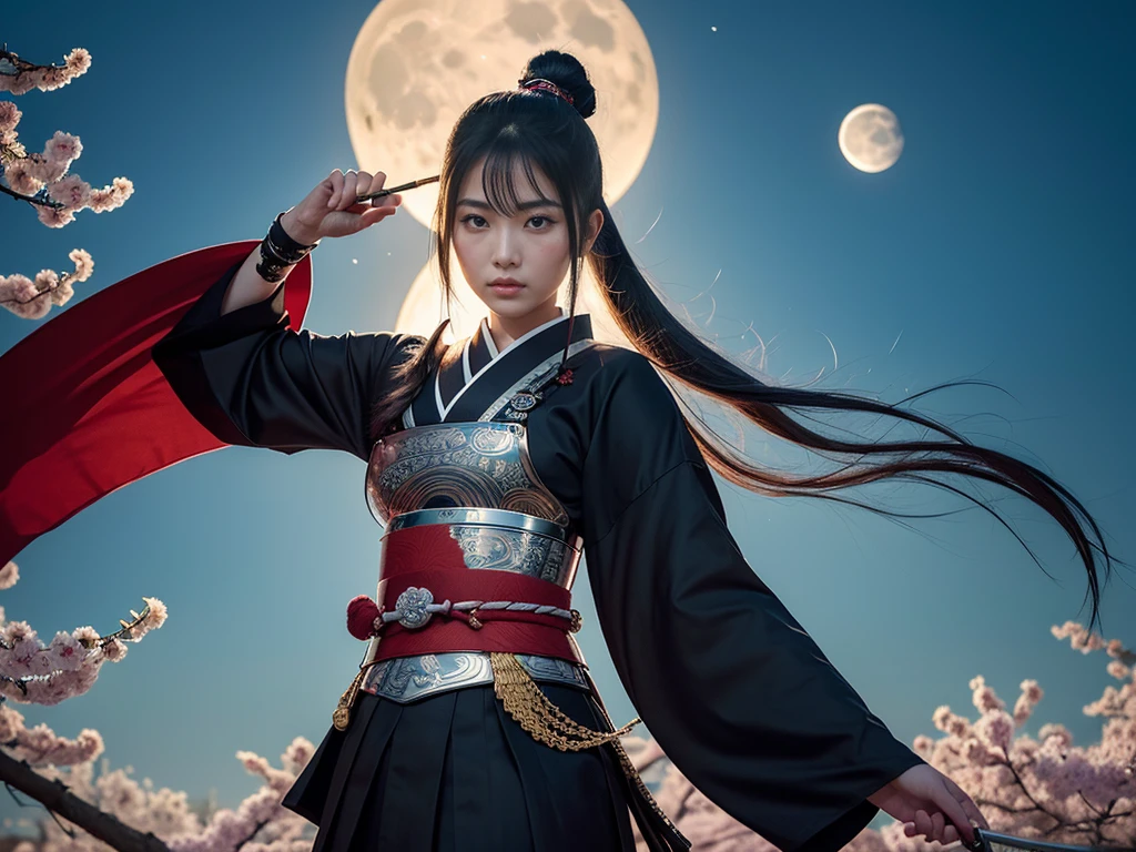 **Prompt:** Create an ultra-realistic 8K resolution image of Tsukuyomi, the Japanese moon god from Shinto mythology, reimagined as the ultimate samurai while retaining the deity's iconic features. Tsukuyomi is depicted with long, flowing silver hair tied back in a traditional topknot, with a few loose strands framing her serene, yet resolute face. Her eyes gleam with the calm determination of a warrior who has faced countless battles under the moon's light, reflecting both wisdom and an unwavering resolve.
She wears an intricately designed samurai armor, the plates polished to a dull silver that mirrors the moonlight. The armor is adorned with delicate engravings of crescent moons and celestial patterns, blending traditional samurai aesthetics with her divine origins. Over her armor, she dons a dark, flowing haori with silver embroidery that trails like shadows in the night.
In her hand, she wields a katana with a blade that gleams like the moon, its edge sharp and deadly. The hilt is wrapped in dark silk, and the tsuba (guard) is shaped like a crescent moon. Her stance is strong and poised, ready for battle, with the air around her crackling with the energy of a warrior deity.
The background is a moonlit battlefield, with cherry blossom trees shedding their petals in the wind. The full moon hangs high in the sky, casting a cold, ethereal glow over the scene. Tsukuyomi stands as the embodiment of the ultimate samurai, combining the grace and beauty of the moon with the fierce honor and strength of a legendary warrior.