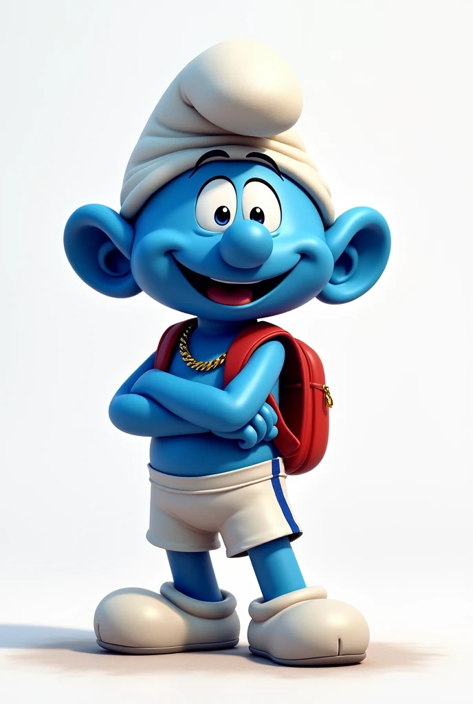 Create a smurf image, as a mascot, cute cute cute, with gold chain around his neck, backpack on back, with futsal player shorts, Arms crossed sideways.