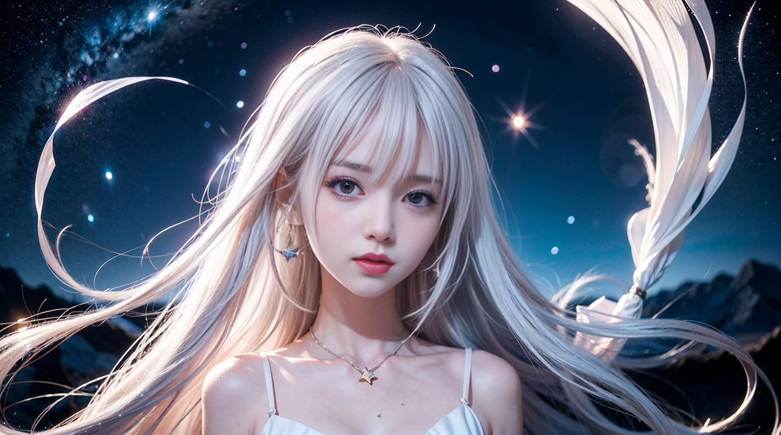 anime girl with long white hair and a star in her hair, White-haired God, Anime girl with space-like hair, star(null) starry_null, Cute girl anime visuals, Splash Art Anime , White glowing aura, White Haired Girl, Ethereal Anime, akasuki voidstar, Celestial Aura, Nightcore, Anime Moe Art Style