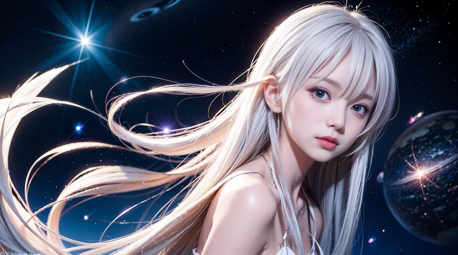 anime girl with long white hair and a star in her hair, White-haired God, Anime girl with space-like hair, star(null) starry_null, Cute girl anime visuals, Splash Art Anime , White glowing aura, White Haired Girl, Ethereal Anime, akasuki voidstar, Celestial Aura, Nightcore, Anime Moe Art Style