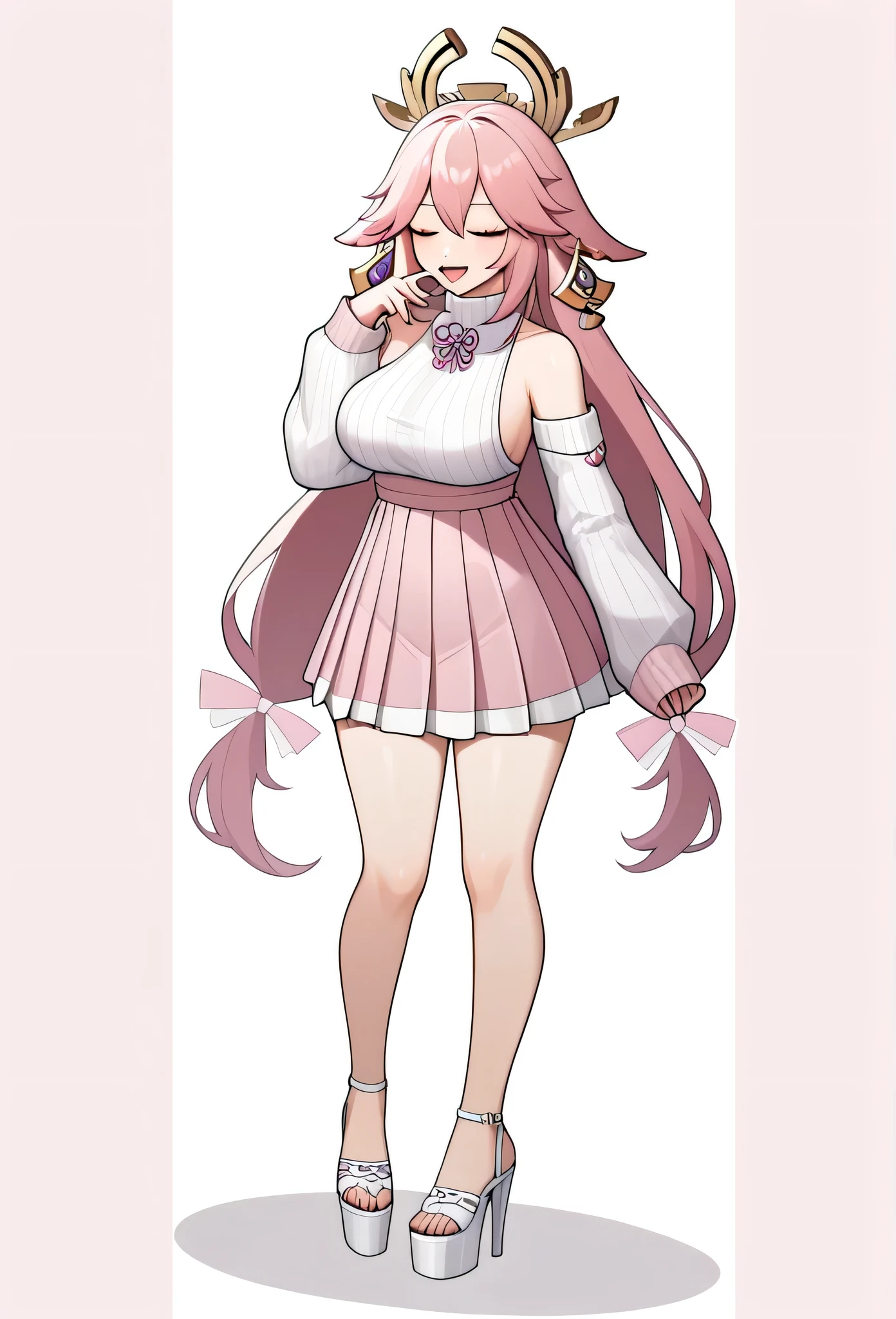 score_9,score_8_most,score_7_most,Bachong, alone, finger_To_Mouth closed, Pink_chemise, Pink_theme, Schmucklos_backdrop, 1 girl, long_sleeve, open_Mouth closed, pleated_rocks, breasts, seek_at_Toschauer, Pink_sweater, White_backdrop, White_chemise, Pink_Ribbon, sleeve_Past_wrists, highres, absurdeste, sleeveless_sweater, platform high heels, Nylons