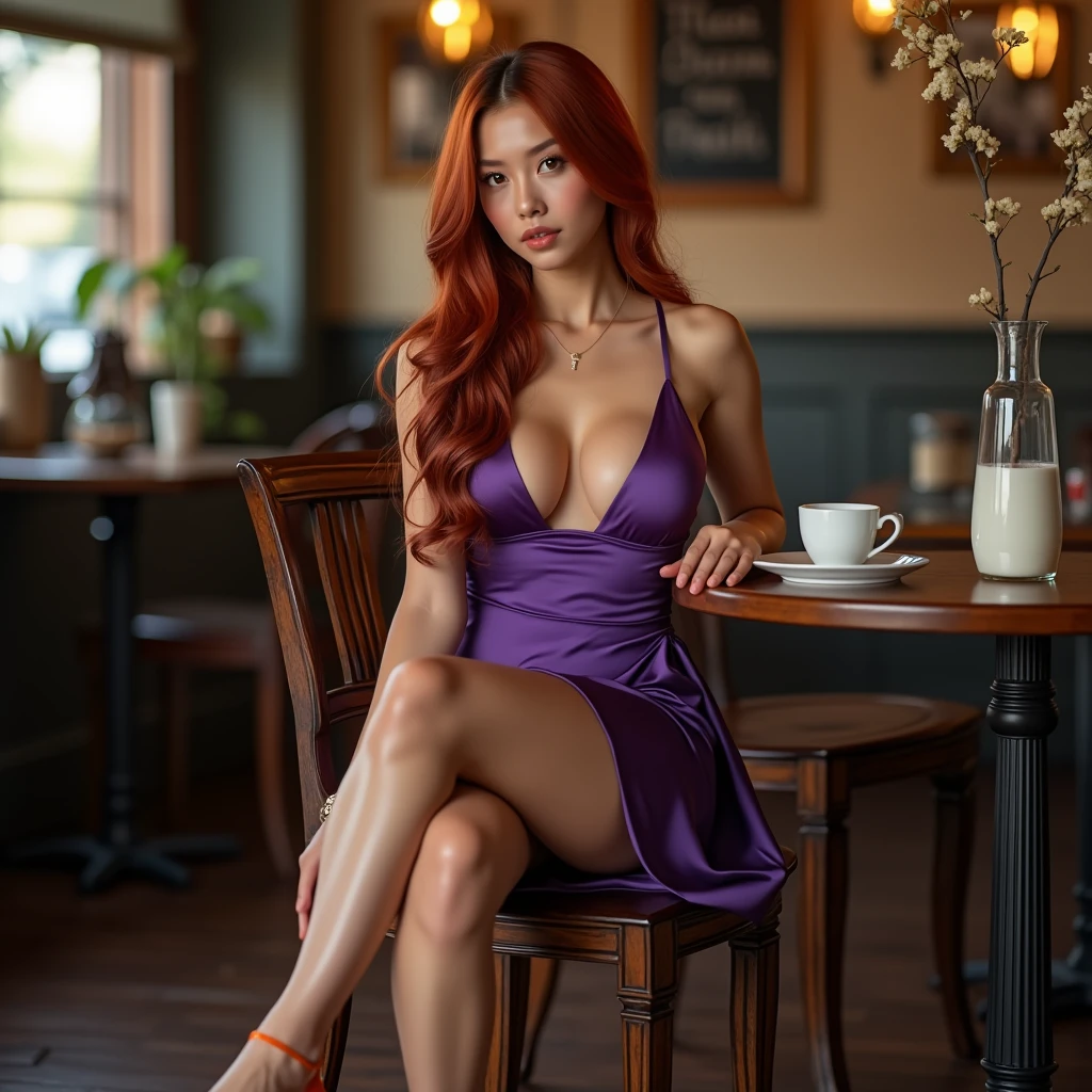 1 dark red haired girl with perfect figure, super fine face and eyes, long hair, silk dress: 1.2, violet color, short skirt,, big breasts, exposed cleavage, big breasts, huge breasts,(((orange high heels))), ultra detailed, hyperrealistic, professional, camera canon 5d mkII. lens canon 100-400mm mkII f4.5 sitting in a coffee shop,legs crossed focus on perfect legs and orange high heels, high heels
