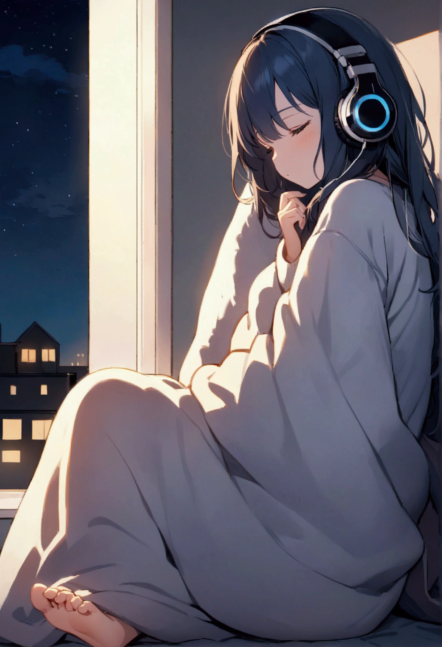 girl, Sleeping on your side, Wearing a large sweater, Wear headphones, Covering her feet with a blanket, praise, Calm, Calm atmosphere, Looking out the window in the room, Nice, night, quiet night, masterpiece, Highest quality,Only the headphones are glowing blue
