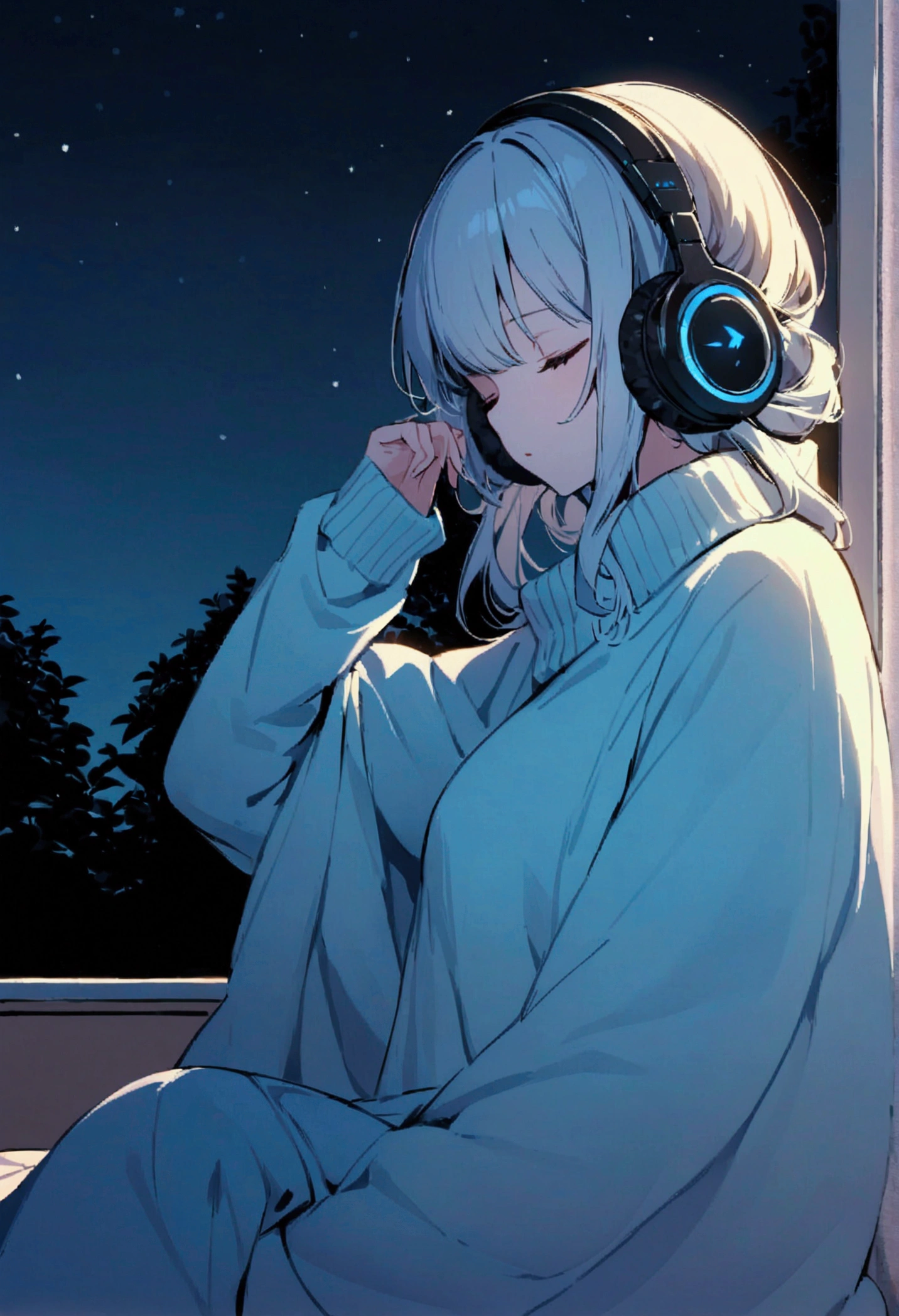 girl, Sleeping on your side, Wearing a large sweater, Wear headphones, Covering her feet with a blanket, praise, Calm, Calm atmosphere, Looking out the window in the room, Nice, night, quiet night, masterpiece, Highest quality,Only the headphones are glowing blue