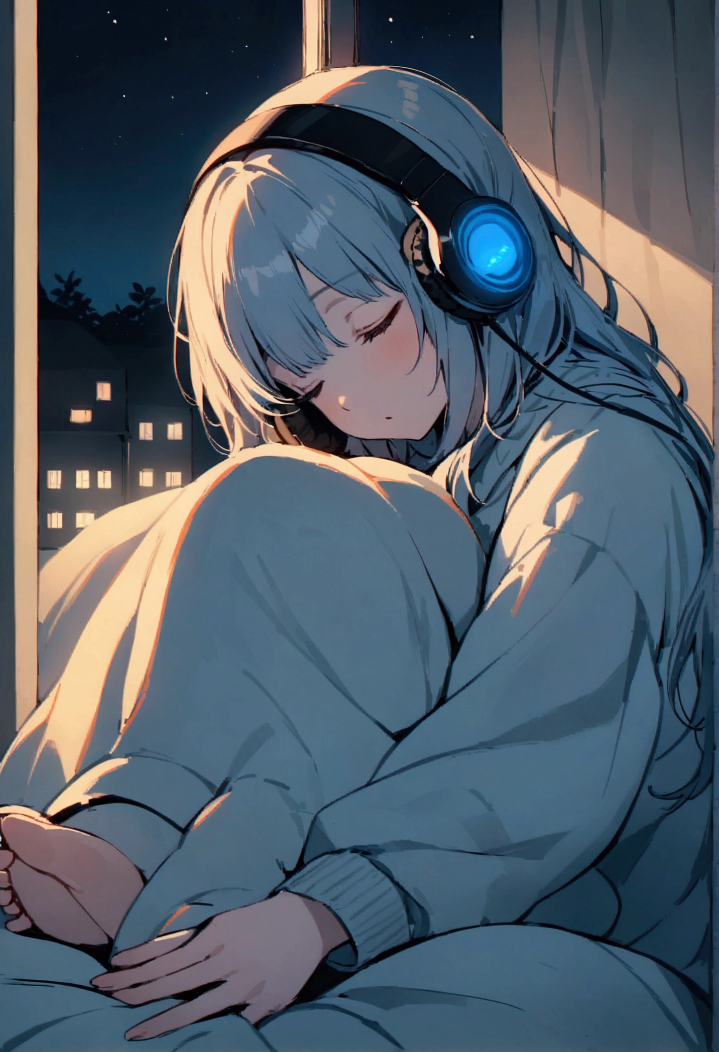 girl, Sleeping on your side, Wearing a large sweater, Wear headphones, Covering her feet with a blanket, praise, Calm, Calm atmosphere, Looking out the window in the room, Nice, night, quiet night, masterpiece, Highest quality,Only the headphones are glowing blue