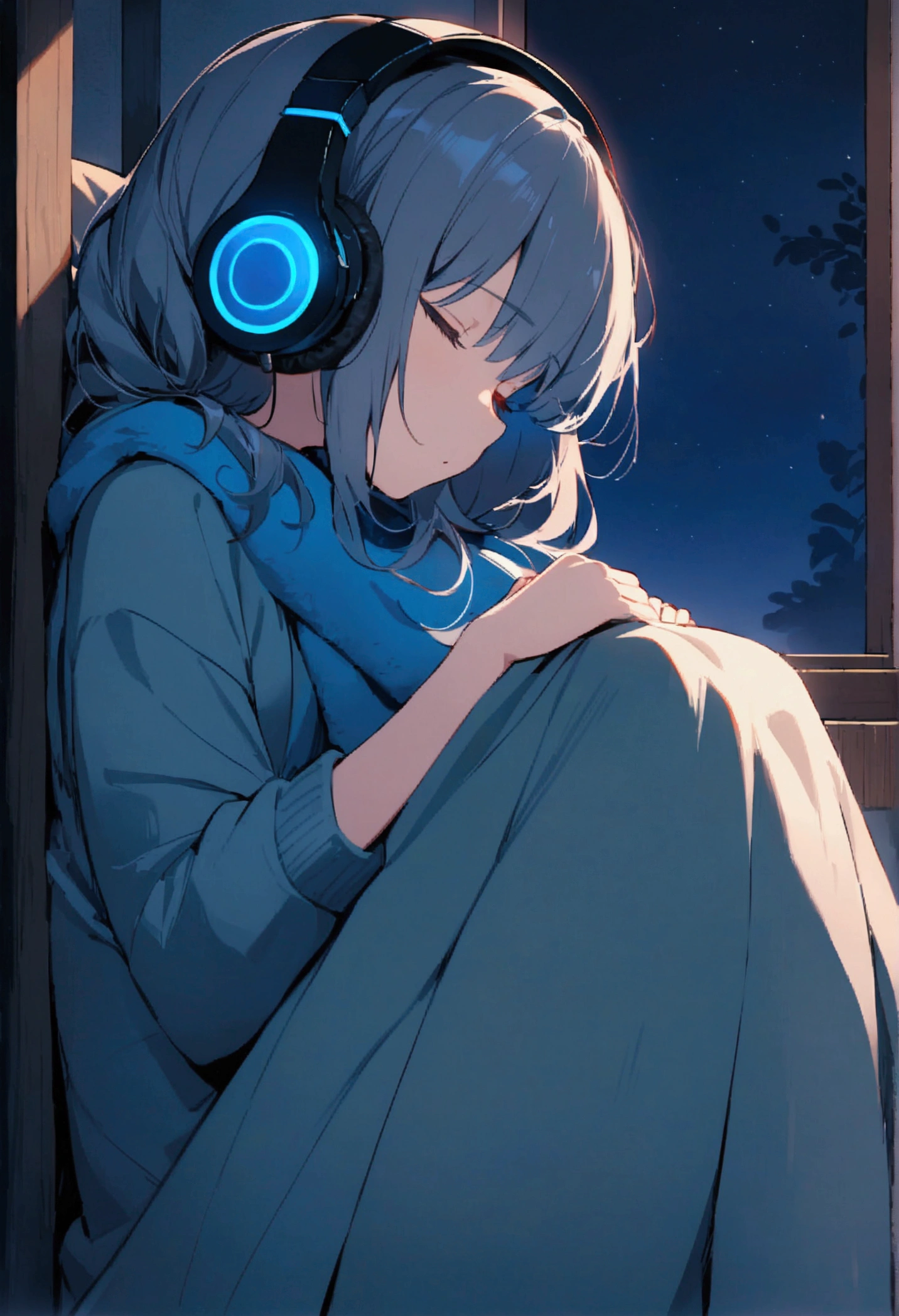 girl, Sleeping on your side, Wearing a large sweater, Wear headphones, Covering her feet with a blanket, praise, Calm, Calm atmosphere, Looking out the window in the room, Nice, night, quiet night, masterpiece, Highest quality,Only the headphones are glowing blue