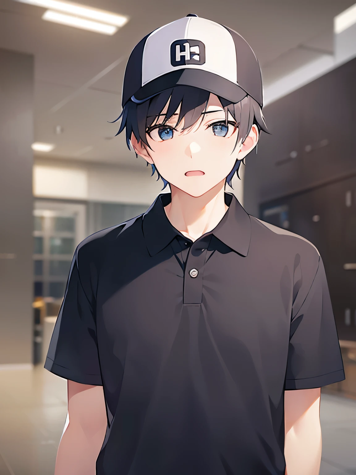 (looking at viewer:1.5),upper body,
shiny skin, masterpiece、Highest quality、
(2 male:1.5) and (Black short hair) and (blue eyes),
(black polo shirt)and(white cap)
Serious、open mouth,Are standing、
Factory with machines、(alone:1.5)