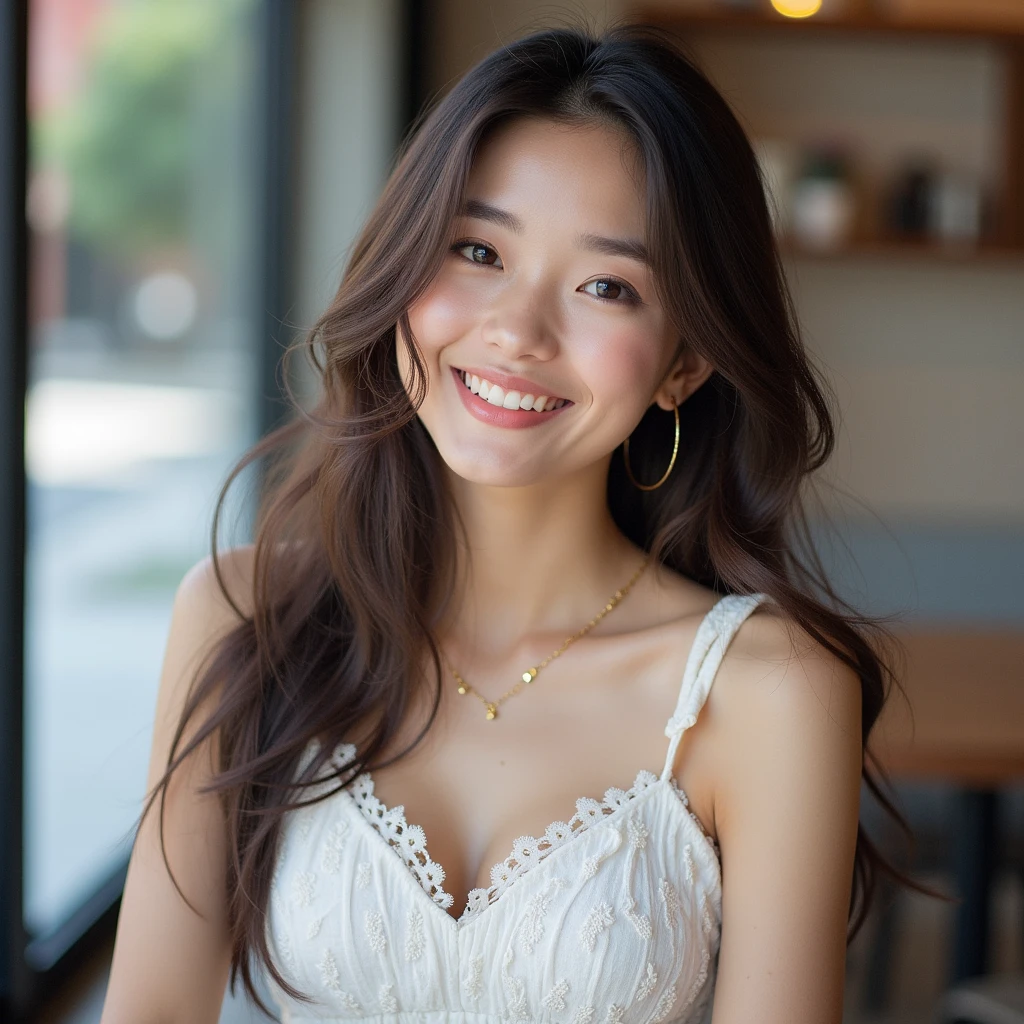 a young mixed asian and hispanic woman with long wavy hair wearing a short cute white summer dress, sitting at a table, small breasts, smiling, (high detail skin:1.2), 8K UHD, Digital SLR, High quality, filmgrain, Fujifilm XT3, perfect figure, (beautiful woman:1.4), ((wavy hair)), RAW photo, rim lighting, dim lighting, perfect anatomy, anatomically correct, perfection proportions.