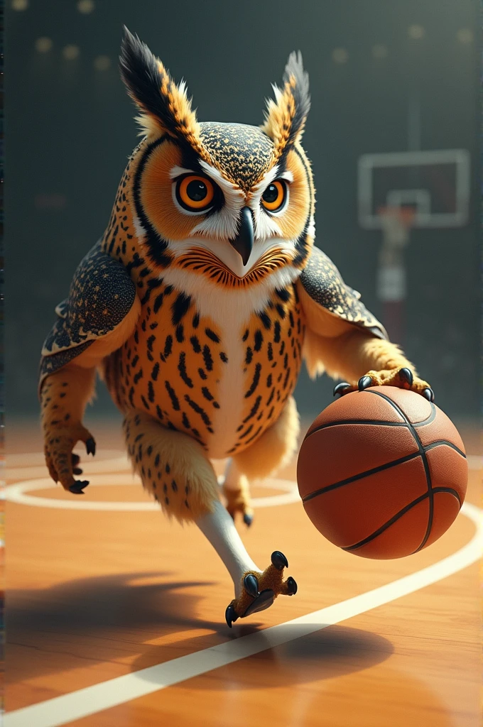 An owl playing basketball