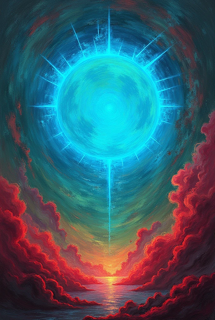 make a blue sun combined with red and green, It should be like a drawing made with colors and pencil, You can get inspired by a grunge style