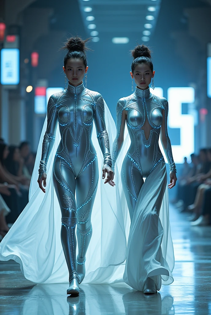 Alien technology two-person martial arts fashion show , fashion photography,silver clothing , Inspired by Chinese Xianxia and Cyberpunk。(best quality,4K,8K,high resolution,masterpiece:1.2), (Practical,Reality,Photo-real:1.37). information