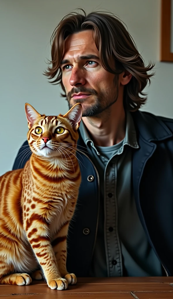 8k, high-quality, photograph, book cover and movie poster side by side, featuring man (british, age 41, long brown hair: 1.2, short stubble: 1.3, wearing dark jacket) and ginger tabby cat, bestseller banner