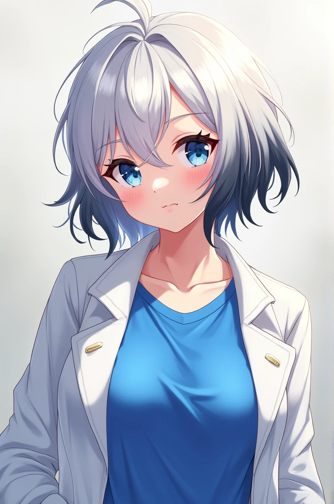 anime girl with normal breasts, short white hair with black hair tips, wearing a white jacket and a blue shirt, 