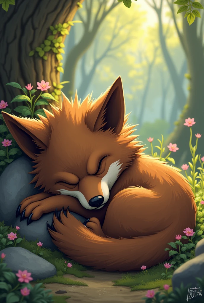 Cartoon wolverine as a wolf sleeping