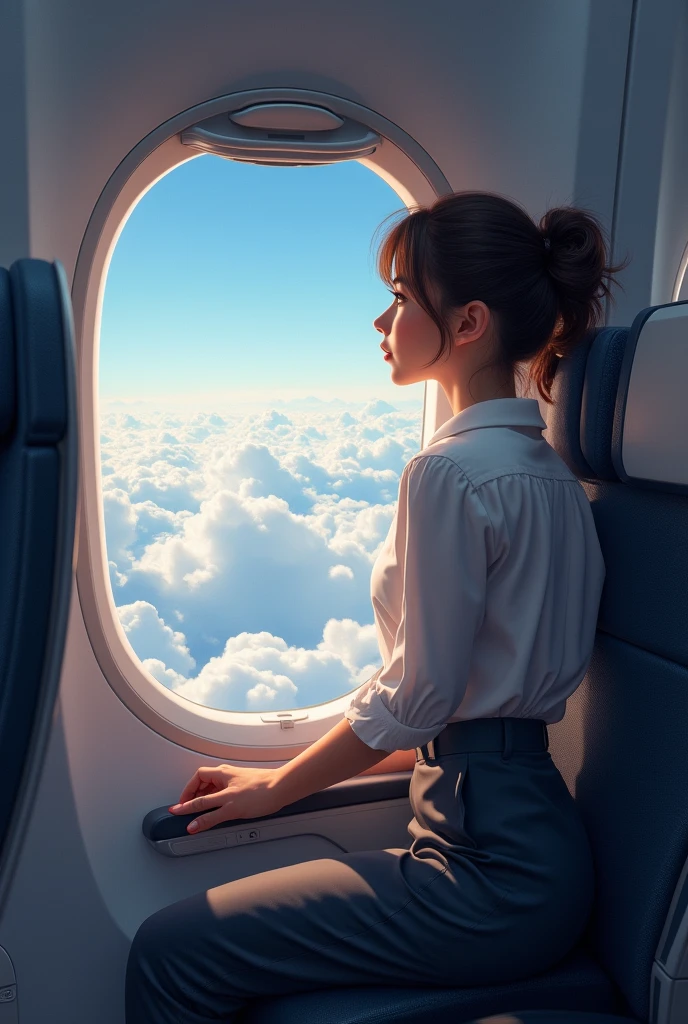 Create the image of a woman traveling on a plane, looking out of the window at the clouds in the plane