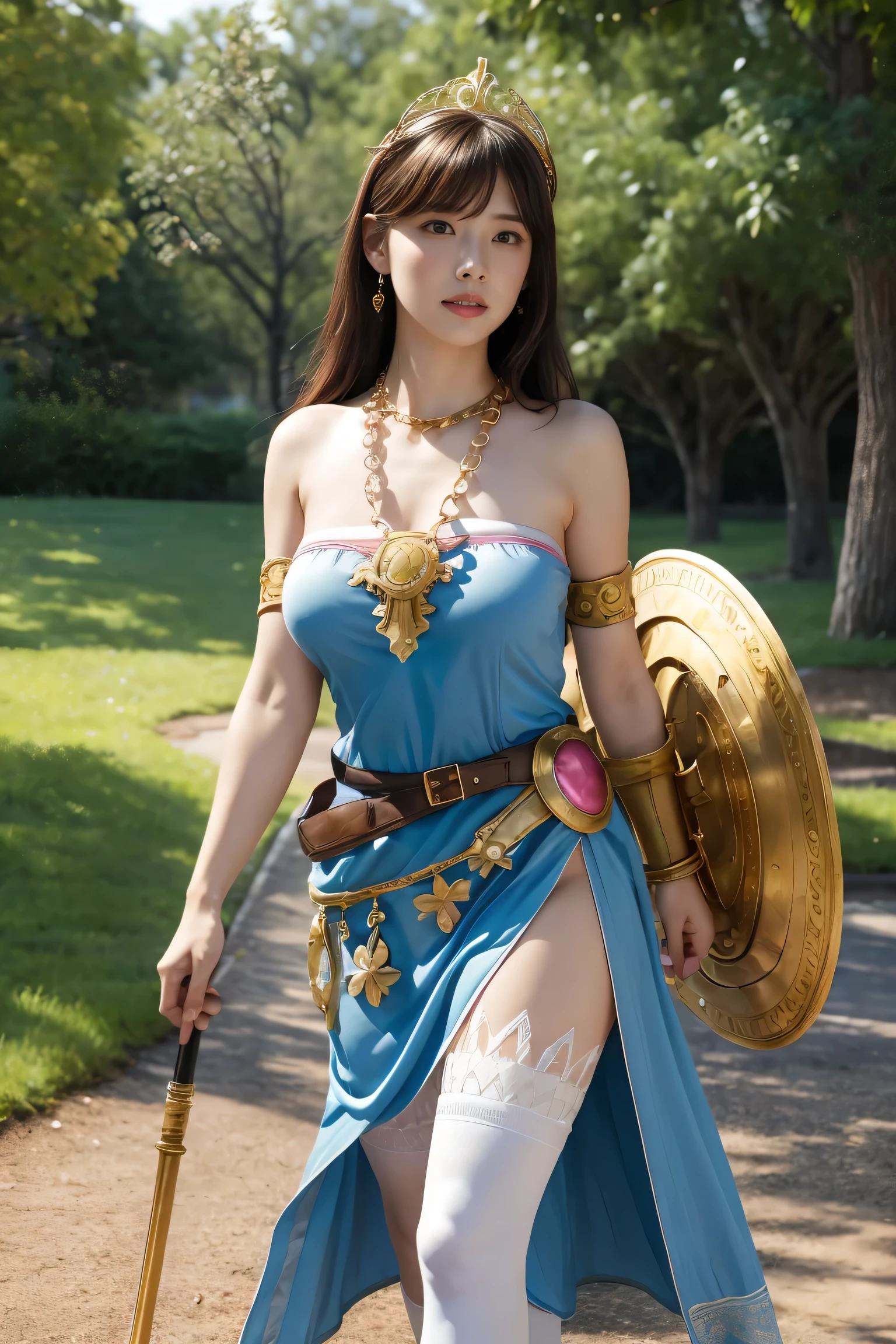 masterpiece, Highest quality, High resolution, hmpa1, pink, Parted bangs, Battle Tiara, Large Breasts, Golden Necklace, Exposing shoulders, Strapless Dress, Arm guard, belt, Blue Dress, White knee socks, Single knee socks, Outdoor, Holding Staff, Hold a shield,Walking