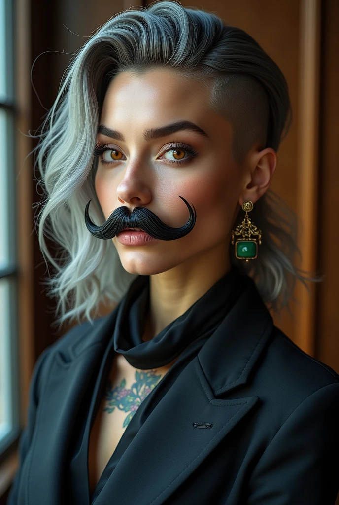 a full body artist, with 1.80 tall, gray hair shaved on the sides and long on top falling to the side of the face, orange eyes, big french mustache, jade earrings, flower tattoo on neck, wear formal clothes