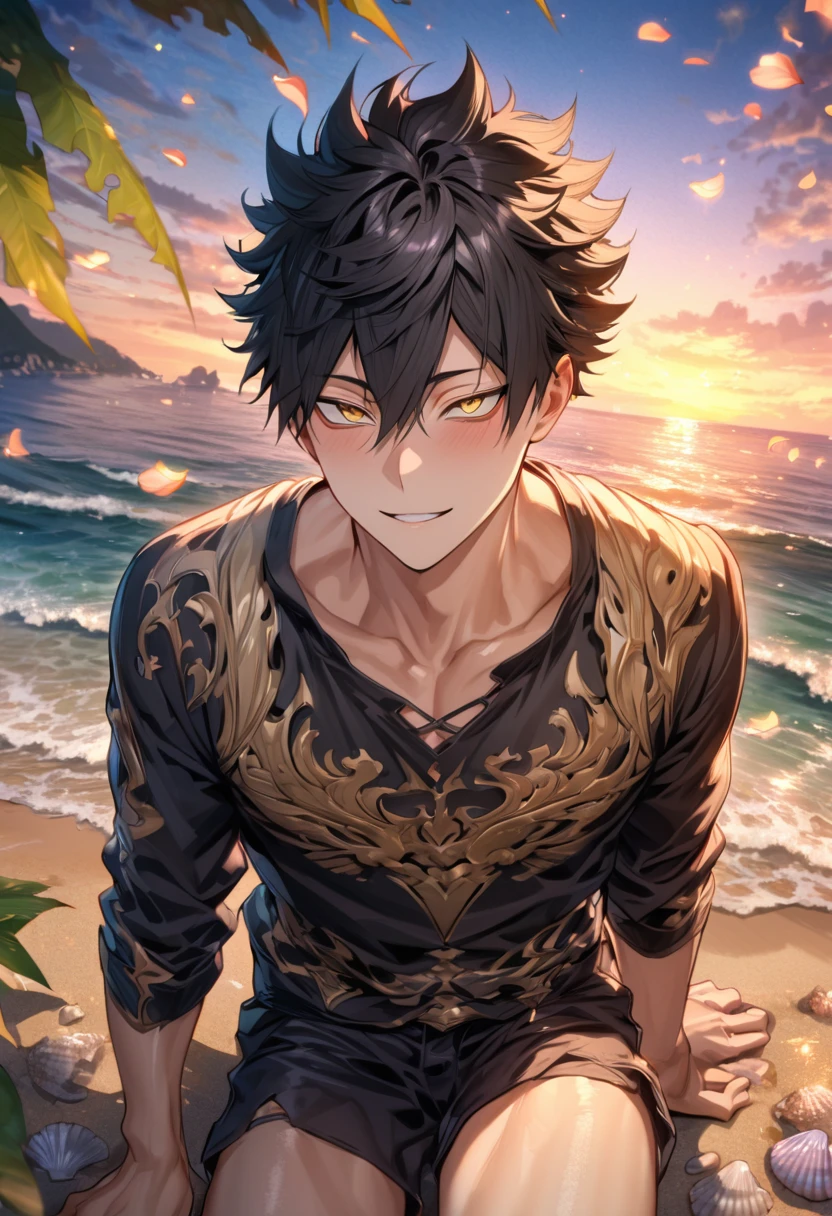 Ultra detailed, Highres, absurdres, HDR, master piece, Kuroo Tetsurou, black hair, hair between the eyes, expressive yellow eyes, Haikyuu, sexy man sitting, handsome, solo, beach, black shorts, water, glittering, petals, fantasy, magical, green leaves, seashells, ocean, sea, sunset, handsome smile, sensual, horny