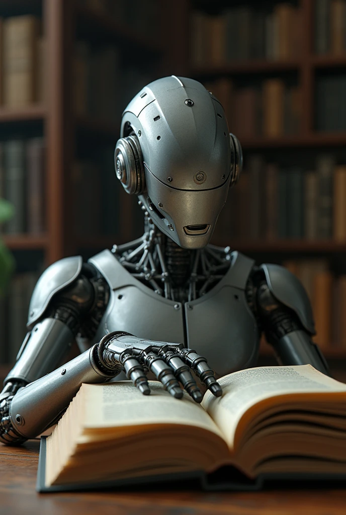 a robot that is reading a book, only half of his face is visible because the book covers it