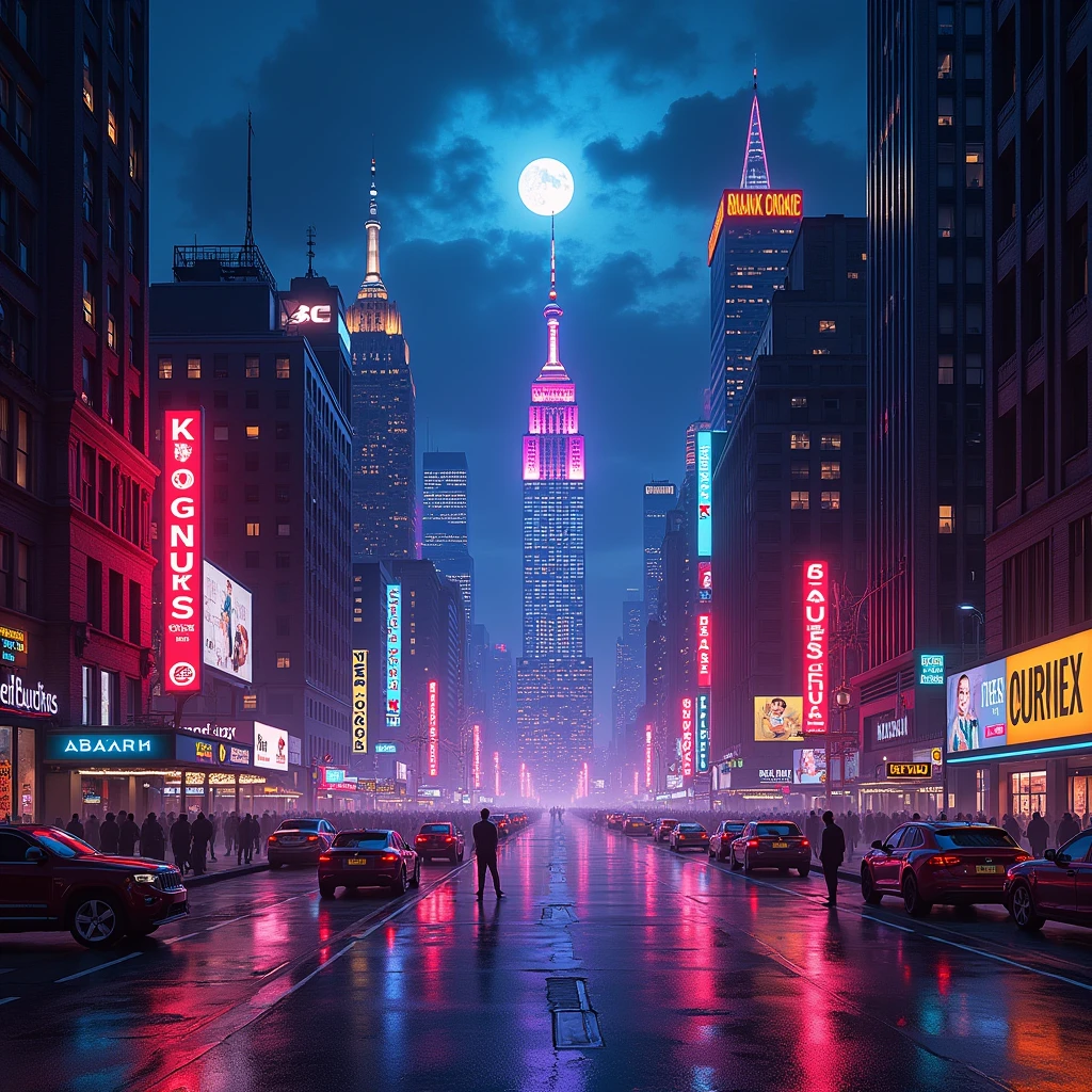 New York City, Night view, Ultra-high resolution,8k, Neon Town, Photorealistic, Colorful,Beautiful starry sky, Neon Light, pyramid, moonlight