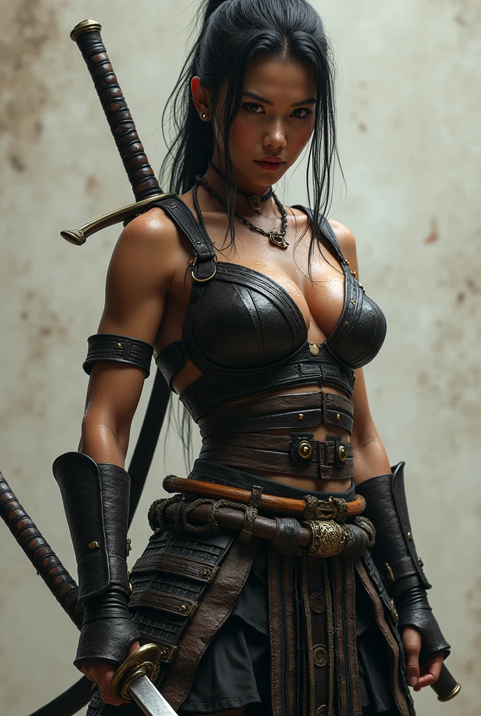(masterpiece, best quality:1.2), (8k uhd, 16k, 32k, ultra high res), (photorealistic:1.37), (RAW photo), ultimate-realistic, ultimate-realistic details, naked top, naked, extremely muscled female samurai, wearing samurai armor with katana, big bosoms, big breast, Japanese girl, much muscular with wet body, heavy muscle, 30 years lady, dark skin