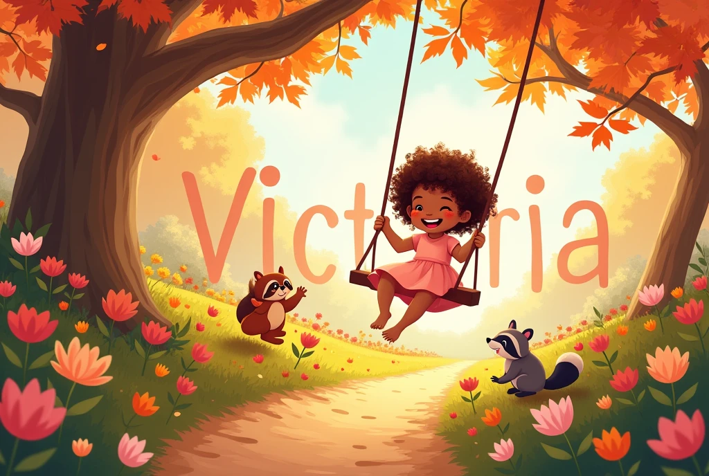 beautiful big garden in autumn leaves flying,A Tree Swing,various animals, squirrel, raccoon,a smiling brown child in a baby pink dress , with curly hair on the swing playing, flowers along the dirt road,large image of the name Victoria written in light baby pink in the background, high resolution ,width twice as large as height