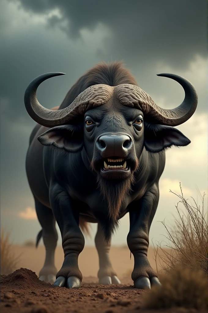  A Cape buffalo standing its ground in a defensive stance, its head lowered, and horns pointed forward. The buffalo’s eyes are glaring intensely, and its nostrils are flared, showing its readiness to charge. Its muscular body is covered in mud, adding to its rugged appearance. The background features a savannah under a darkening sky, with thunderclouds rolling in, creating a tense and ominous atmosphere.