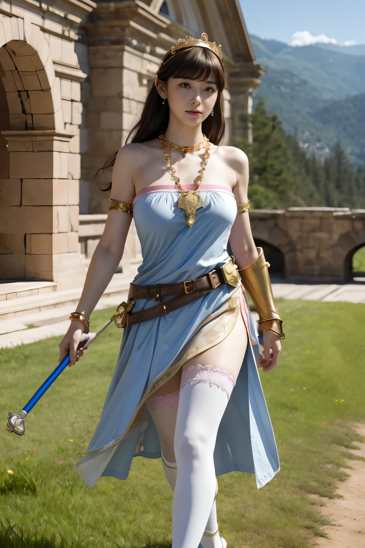 masterpiece, Highest quality, High resolution, hmpa1, pink, Parted bangs, Battle Tiara, Large Breasts, Golden Necklace, Exposing shoulders, Strapless Dress, Arm guard, belt, Blue Dress, White knee socks, Single knee socks, Outdoor, Holding Staff, Hold a shield,Walking