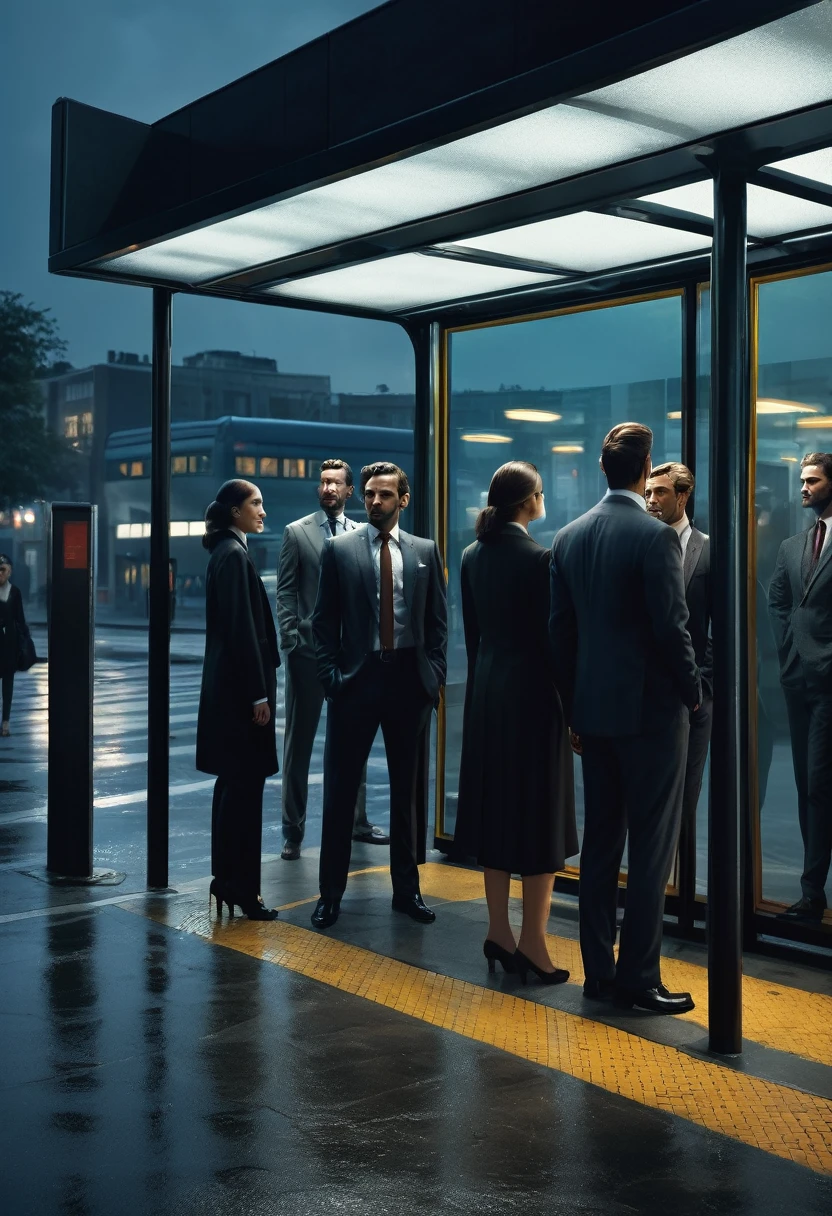 a surreal bus stop scene, commuters in business suits, multiple men and women waiting, architectural details, moody lighting, cinematic atmosphere, hyper-realistic, highly detailed, 8k, masterpiece, photorealistic, dramatic lighting, complex composition, compelling narrative, vivid colors, cinematic quality