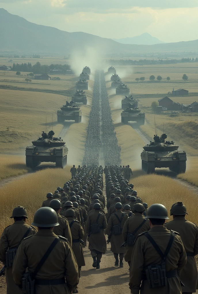 Soldiers marching and tanks advancing in neighboring territories