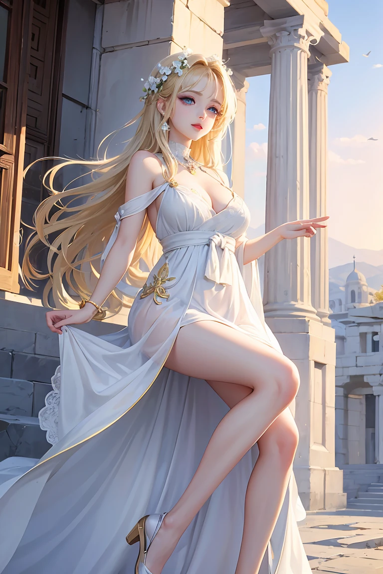 (Highest quality,Very detailed,High resolution,masterpiece,8k),Bright and vibrant colors,Official artwork,Greek white dress,Stylish makeup,Mid length, Shiny blonde hair blowing in the wind,Captivating, narrow eyes,Beautiful Blue Eyes,Glossy Lips,Beautiful woman with plump breasts,Beautiful neckline, Beautiful full body style,Holding,A beautiful and elegant smile,Old temple,flower,Detailed CG,