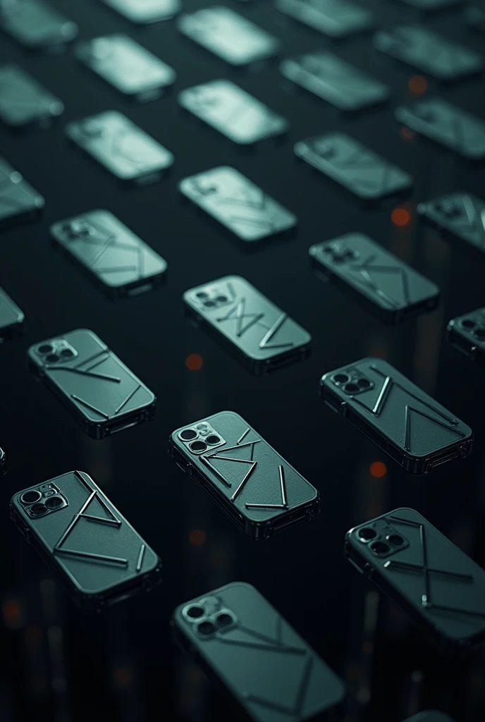 Hundreds of futuristic glass cell phones with black lines on a black background Martian spaceship