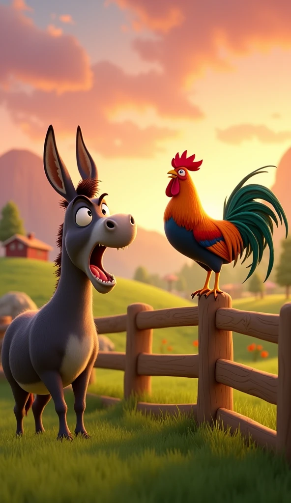 Draw a scene of an angry donkey arguing with a rooster with orange, green and blue plumage on a very pretty farm at dawn. The donkey should have an angry facial expression. The rooster should be very calm, standing on a wooden fence, with its colorful feathers standing out in the design. The farm should be picturesque and detailed, with green fields and a sunrise sky with soft shades of orange and pink, in Pixar style