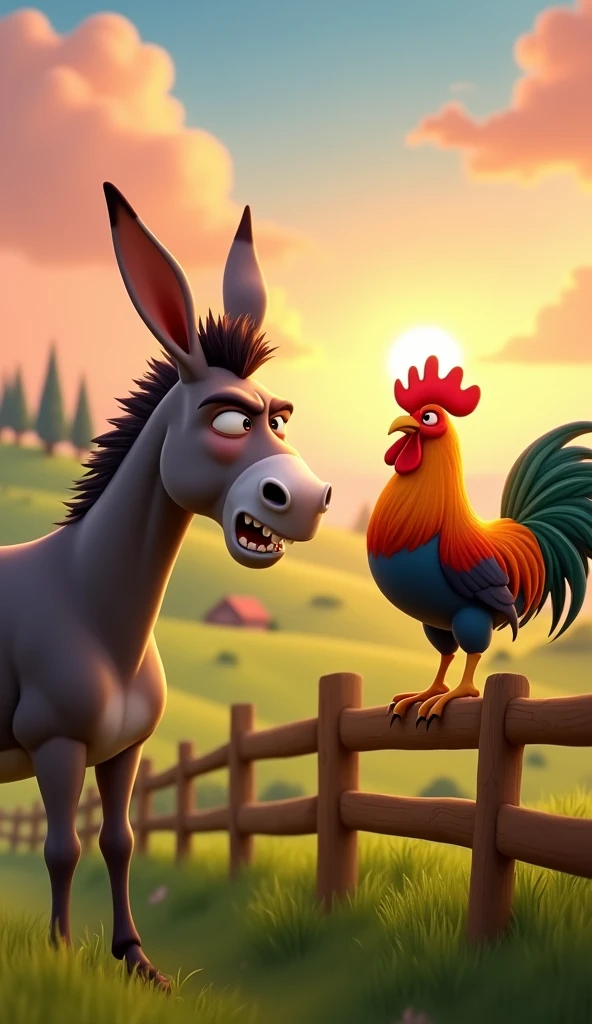 Draw a scene of an angry donkey arguing with a rooster with orange, green and blue plumage on a very pretty farm at dawn. The donkey should have an angry facial expression. The rooster should be very calm, standing on a wooden fence, with its colorful feathers standing out in the design. The farm should be picturesque and detailed, with green fields and a sunrise sky with soft shades of orange and pink, in Pixar style