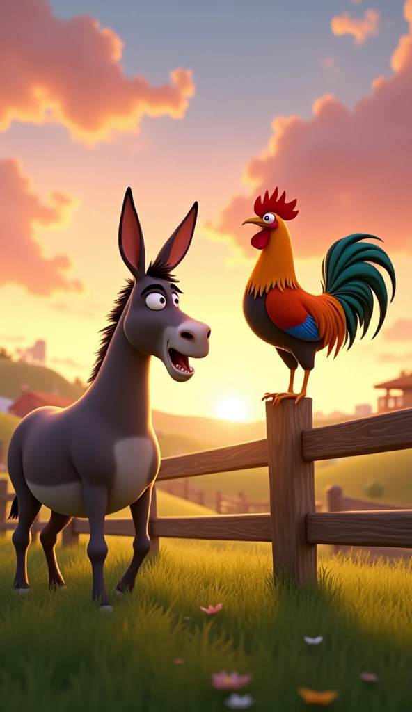 Draw a scene of an angry donkey arguing with a rooster with orange, green and blue plumage on a very pretty farm at dawn. The donkey should have an angry facial expression. The rooster should be very calm, standing on a wooden fence, with its colorful feathers standing out in the design. The farm should be picturesque and detailed, with green fields and a sunrise sky with soft shades of orange and pink, in Pixar style