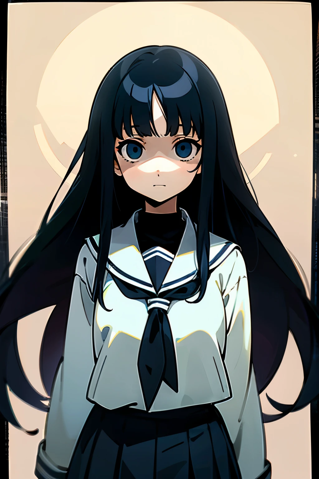 anime girl, white school girl outfit, looking at camera, facing forward, front facing, long black hair, straight hair, thin, , deadpan expression, dead eyes, blank eyes, looking forward, fully body, fully body shot, framed far from camera, arms at side, neutral pose, evil smile