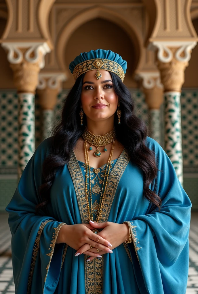 portrait of chubby woman inside Alhambra with very very Long hair black, crowned with arabic headress middle age, blue mayan kaftan, gold jewelry, Al andalus Era, ethereal Vibe.