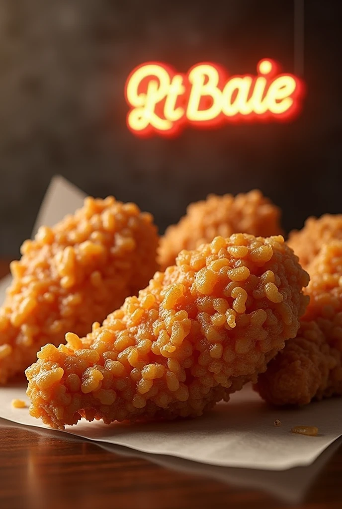 (photorealism:1.2), Fried chikens so crispy like KFC, a commercial break with text BURGER WAYS, by Greg Rutkowski, by Alphonse Mucha